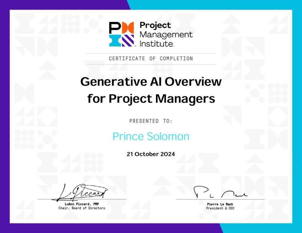 Prince Solomon's PMI Generative AI Overview for Project Managers certificate of completion, dated 21 October 2024