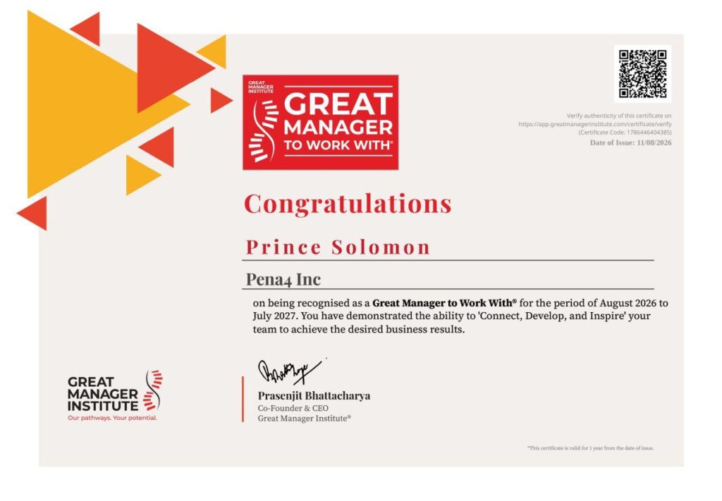 Great Manager to Work With certificate awarded to Prince Solomon