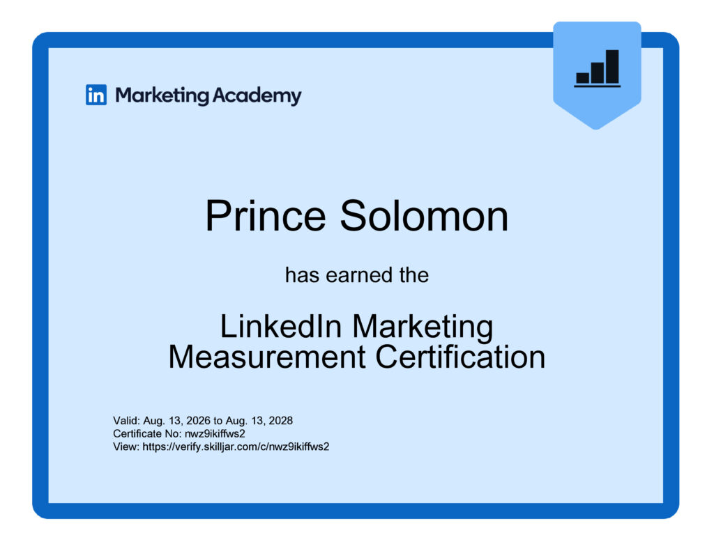 LinkedIn Marketing Measurement certificate awarded to Prince Solomon