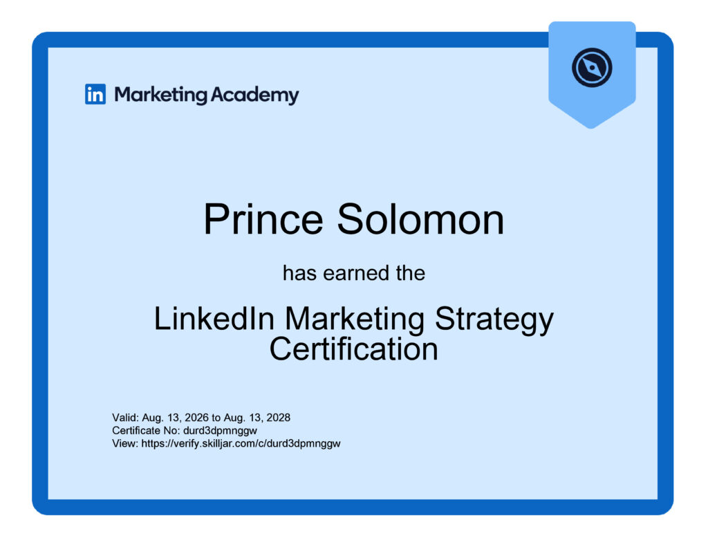 LinkedIn Marketing Strategy certificate awarded to Prince Solomon