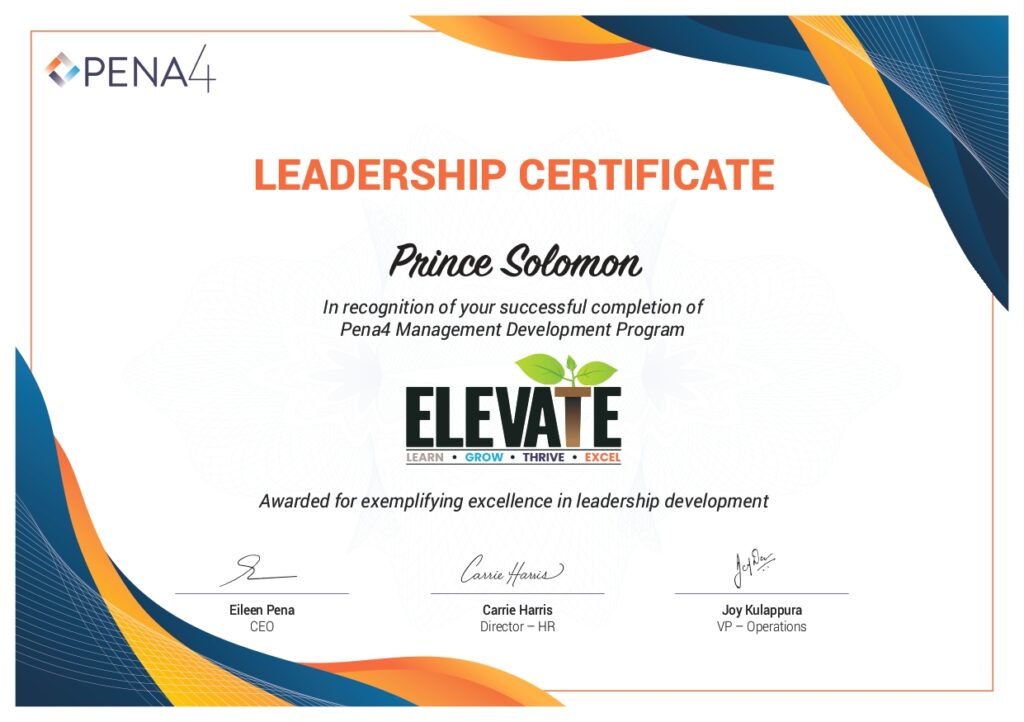 Pena4 ELEVATE certificate awarded to Prince Solomon