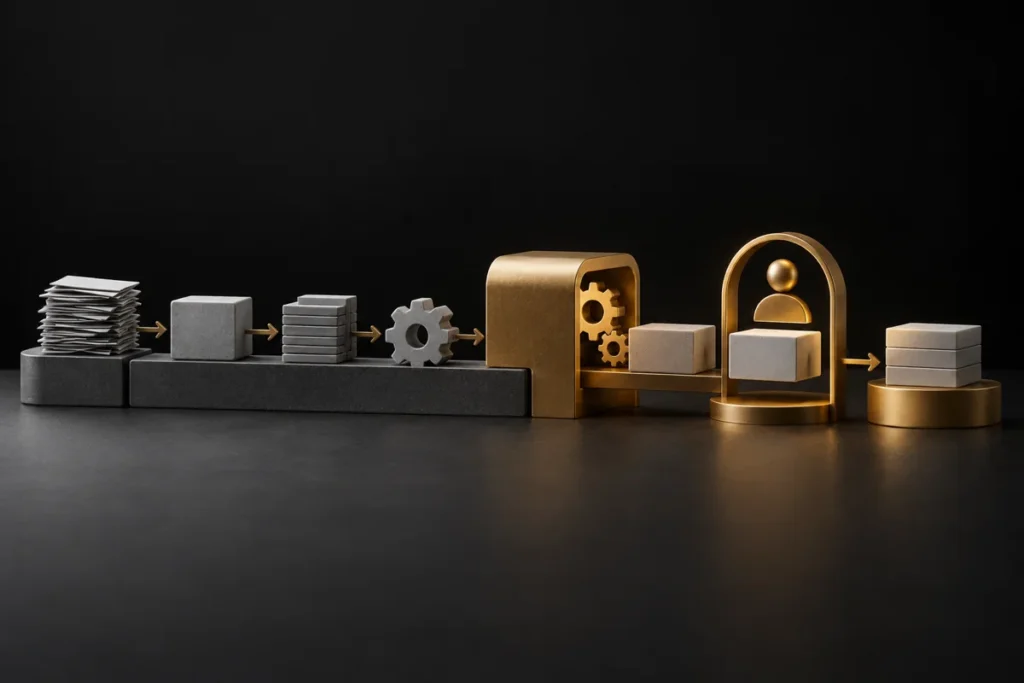 Grey workflow blocks connect through a gold assistance and review gate