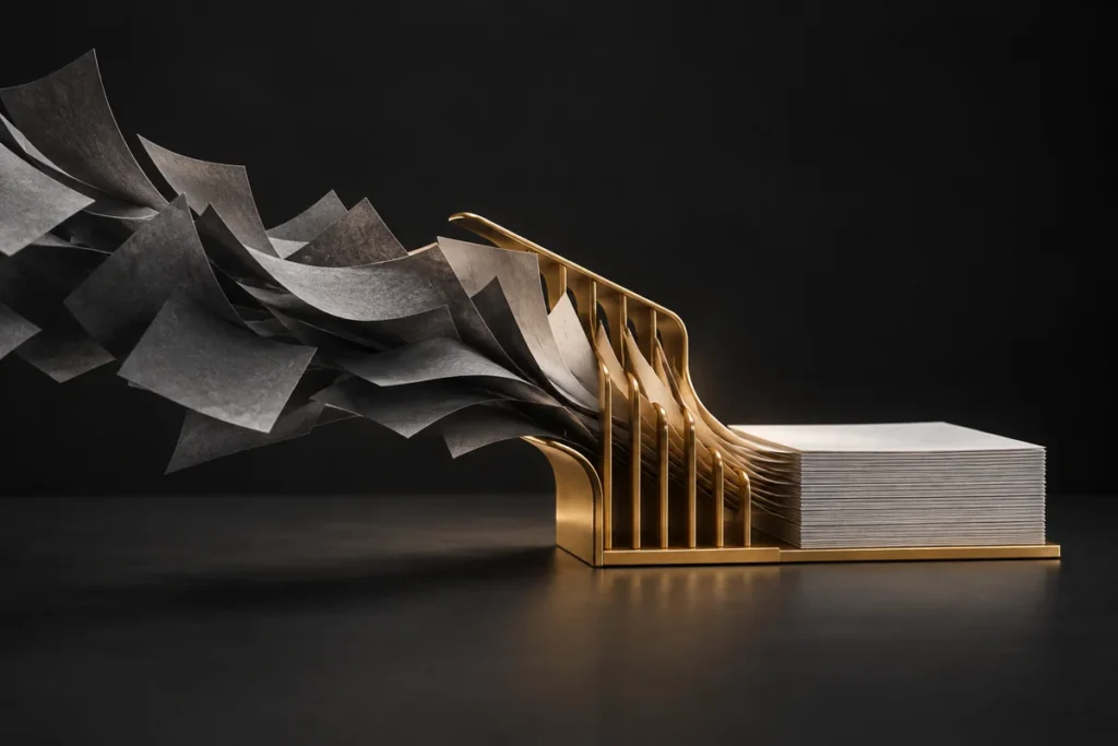 Grey worklog sheets pass through a gold organizing mechanism