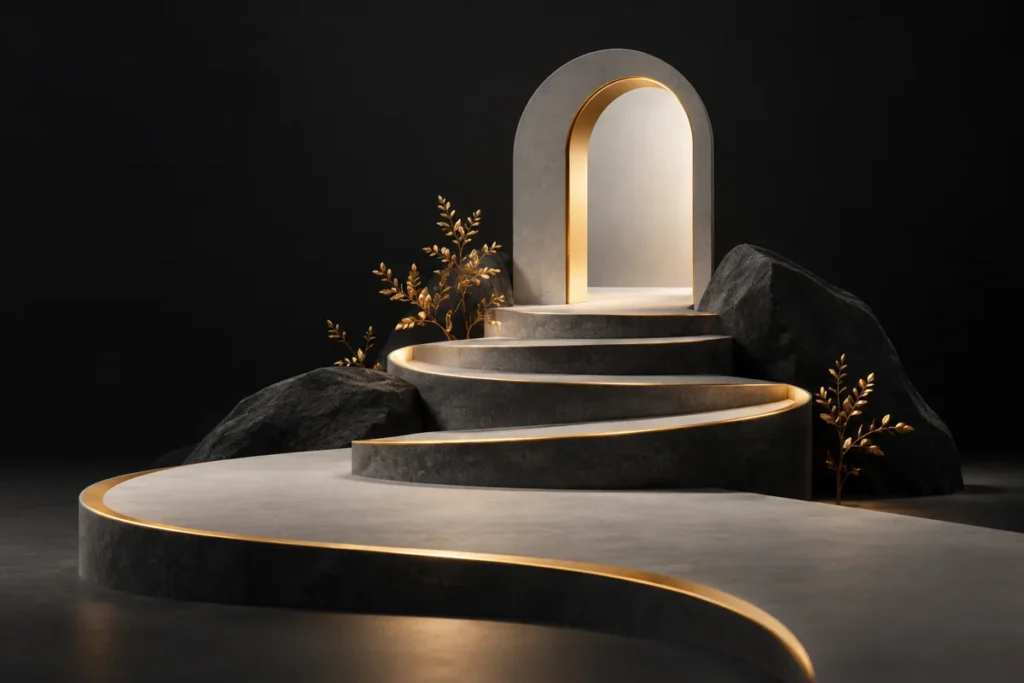 Gold-guided journey steps lead to a grey learning doorway