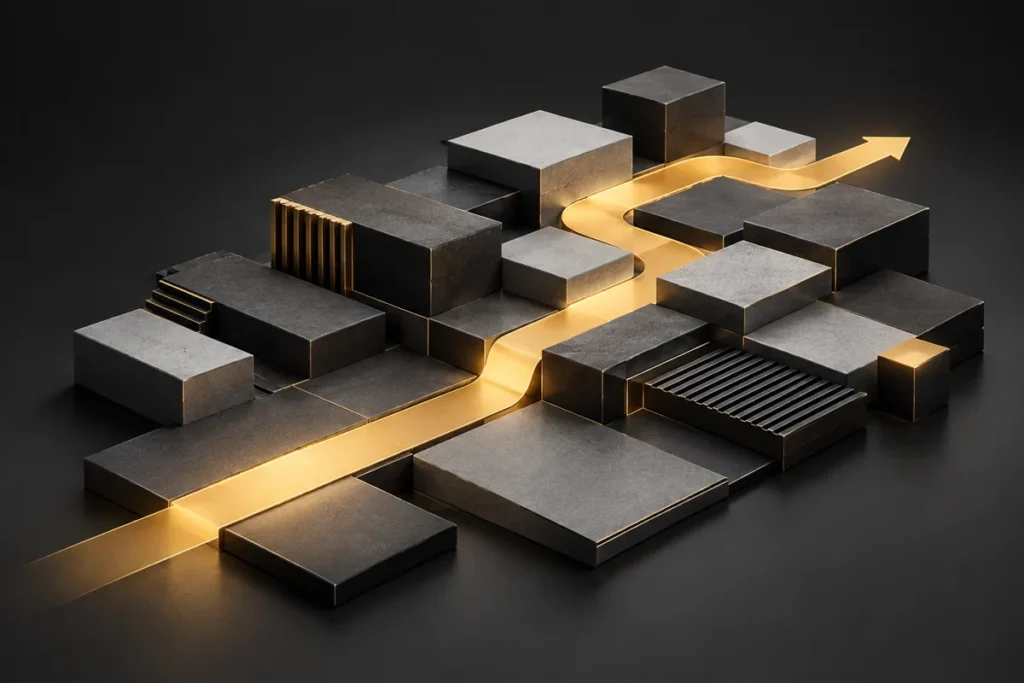 Gold visitor pathway crosses a structured grey information grid