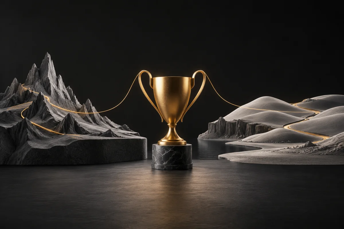 Gold challenge trophy connects two abstract grey regional landscapes