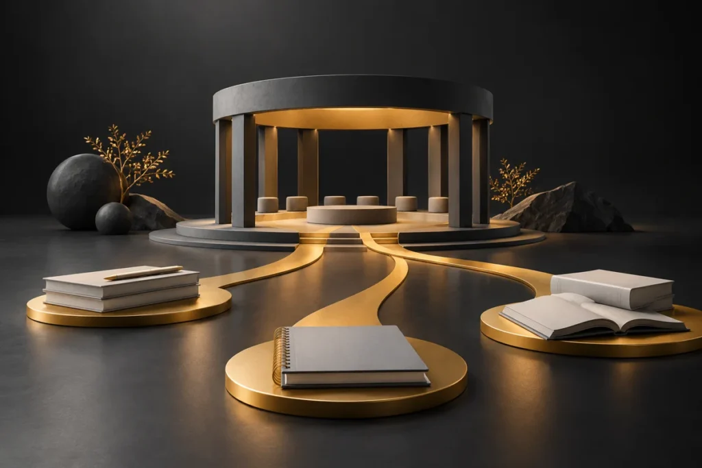 Gold preparation paths connect a grey conference pavilion and materials