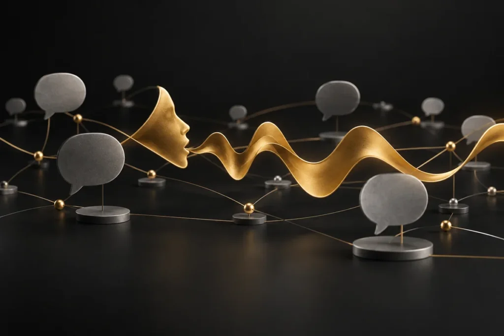 Gold voice wave travels through grey conversation nodes