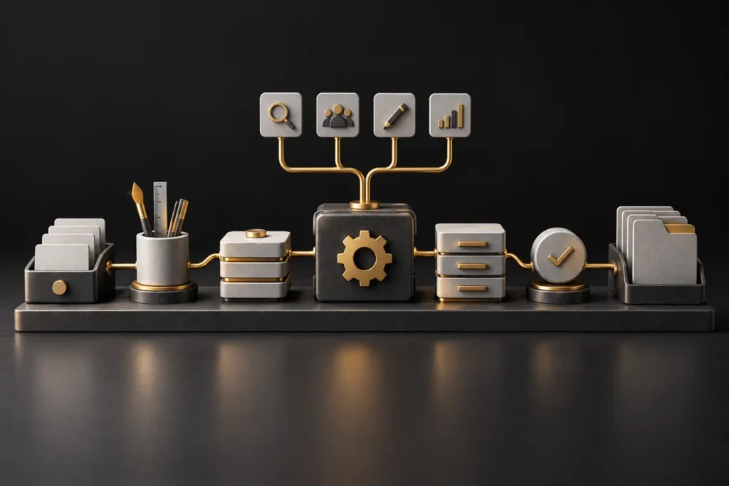 Grey modular tools arranged on a gold-connected workbench
