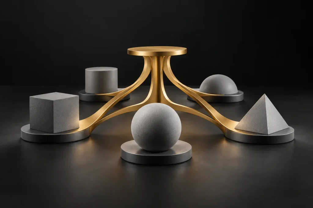 Distinct grey specialist forms supported by a gold framework